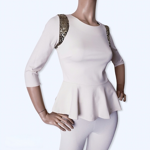 Forever 21 Ivory Peplum Knit Gold Sequin Top - Picture 5 of 8